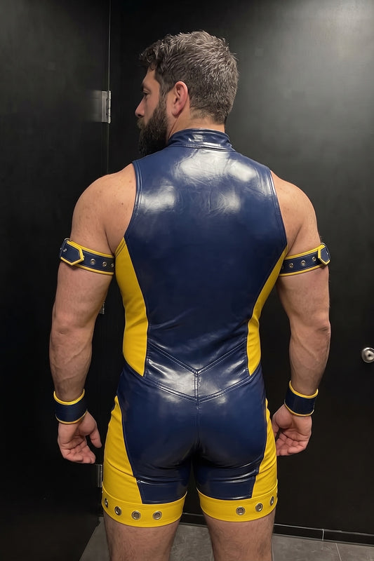 Joy-lgbt Menโs Navy Yellow Glossy High-Neck Zip-Front Bodysuit Shorts with Armbands