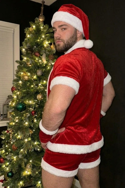 Christmas Kringle Velvet Open Shirt & Short Set and Furry Wrist Cuffs & Hat — Red