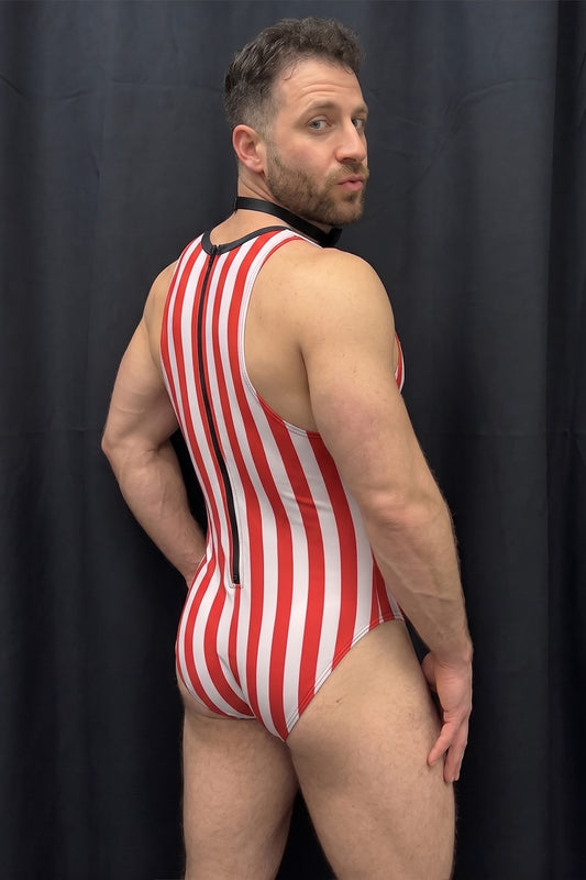 Christmas Candy Stripe Plunge Leotard — Red & White