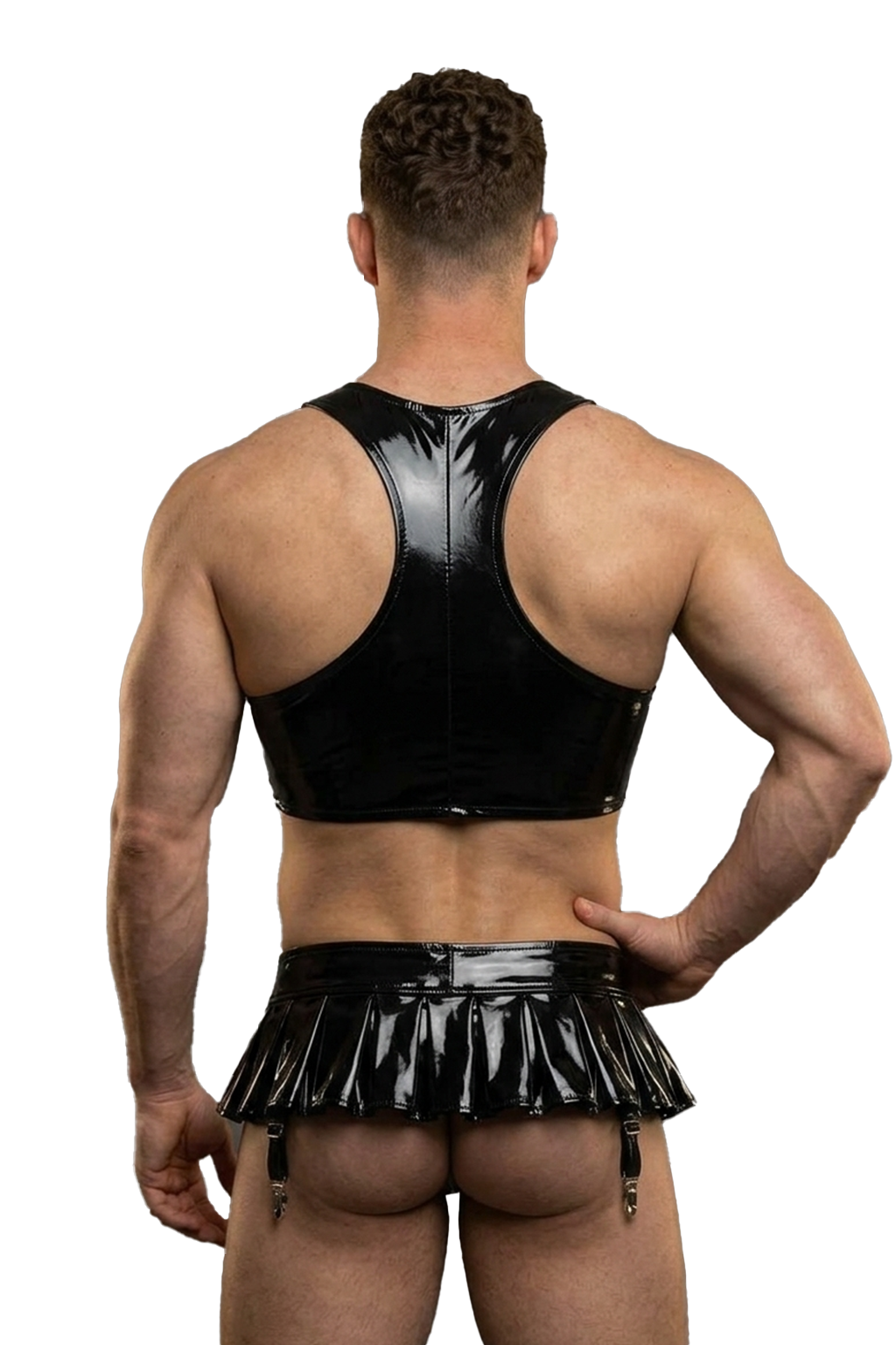 Joylgbt Men's Black Patent Leather Crop Top & Pleated Mini Skirt Set with Garters