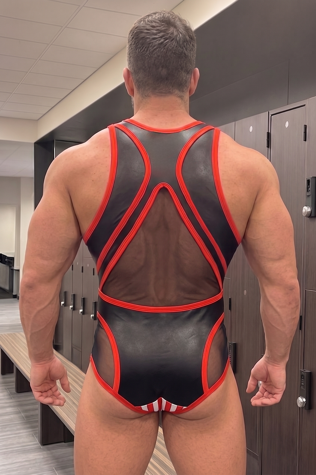 Joylgbt Men’s Black Red PU Faux Leather Mesh Panel Fitted Bodysuit Graphic Party Stagewear