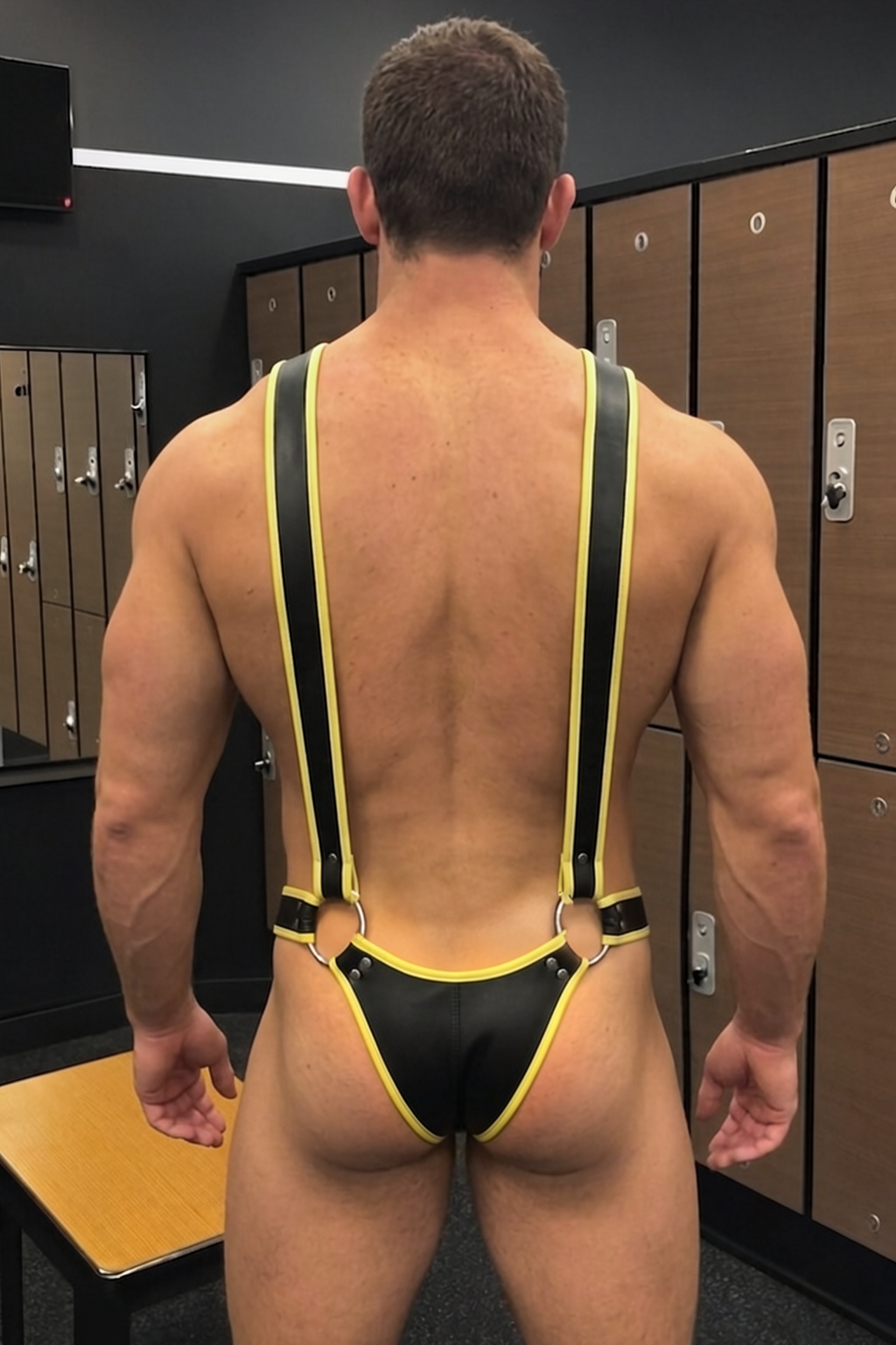 Joylgbt Men’s Black Yellow PU Leather Suspender Harness & Low-Rise Brief Set
