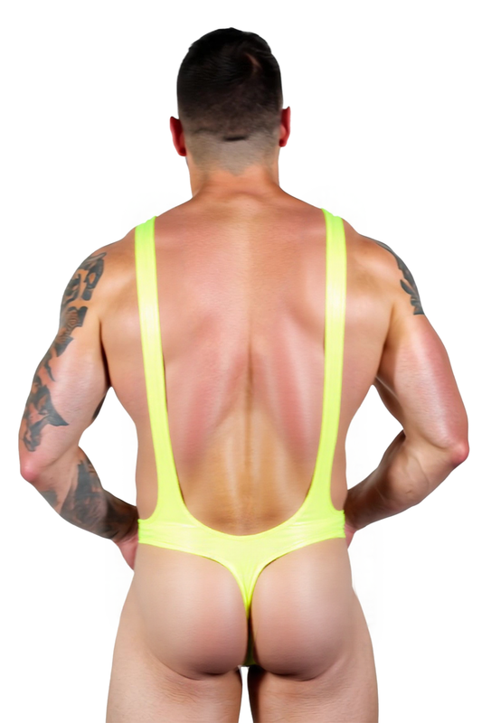 Joylgbt High-Cut Neon PU Leather Thong Bodysuit
