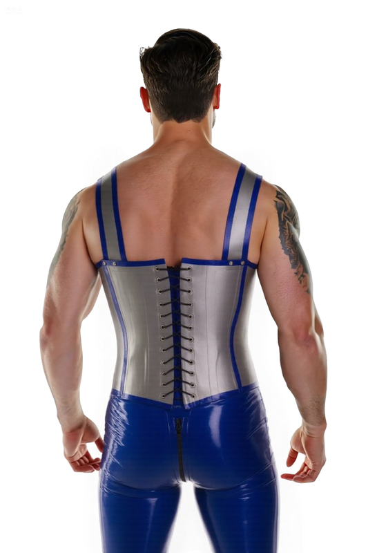 Men’s Blue & Silver Leather Corset Harness with Matching Shiny Tight Pants – Adjustable Buckle Straps & Zipper Front