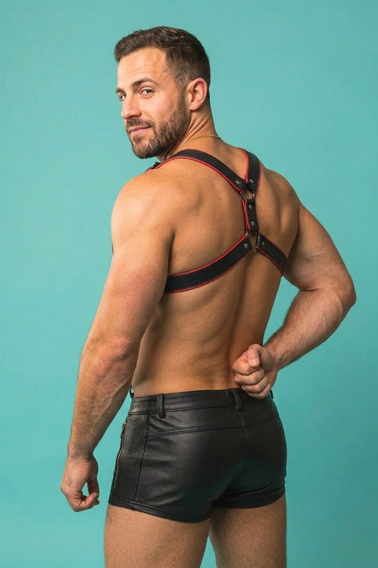 Joy-lgbt Black Red Faux Leather Chest Harness & Shorts Set