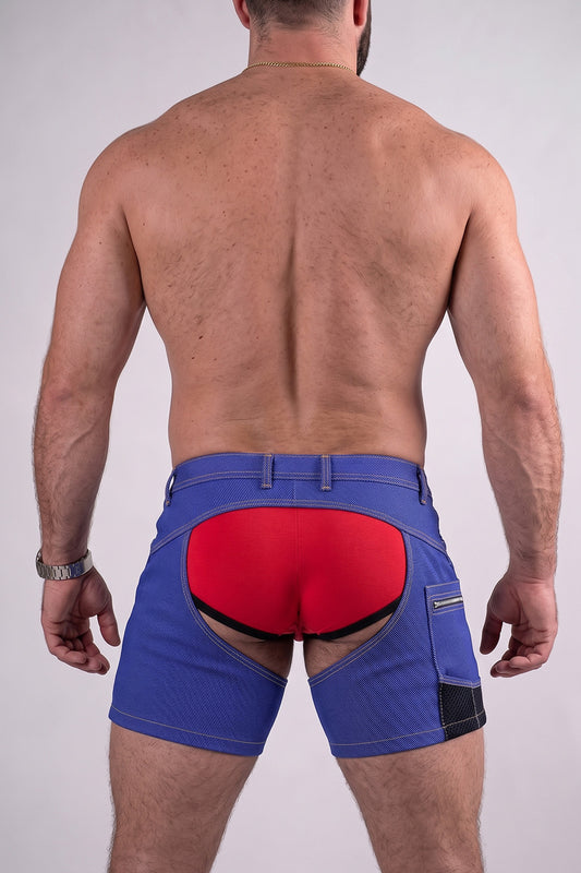 Joy-lgbt Indigo Denim-Knit Open-Front Shorts & Red Brief Set, Snap Fly Panel + Contrast Topstitch