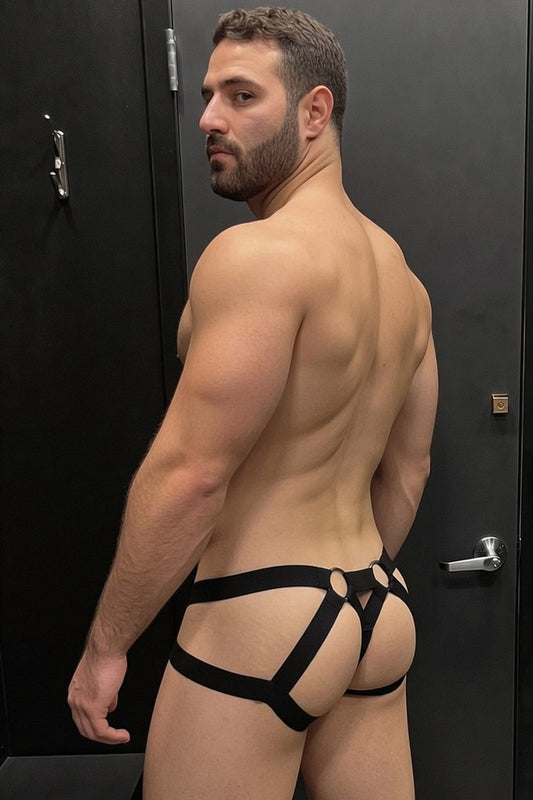 Joy-lgbt Cobalt Mesh Cutout Brief, Black Contrast Binding + Open Hip Cutouts Front and Back