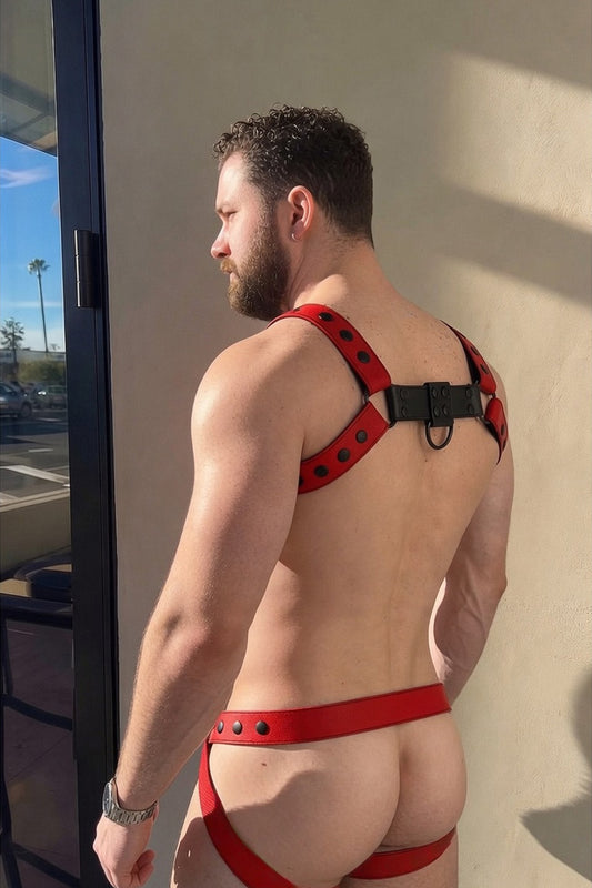 Joy-lgbt Red & Black Vegan Leather Stud Harness & Jock Set, D-Ring Chest Bar + Belted Pouch