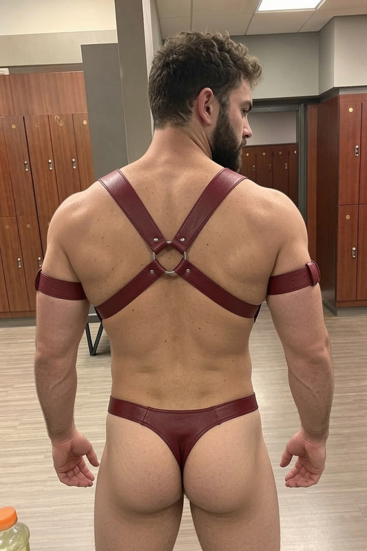 Joylgbt Burgundy Cross-Strap Faux Leather Harness Bodysuit