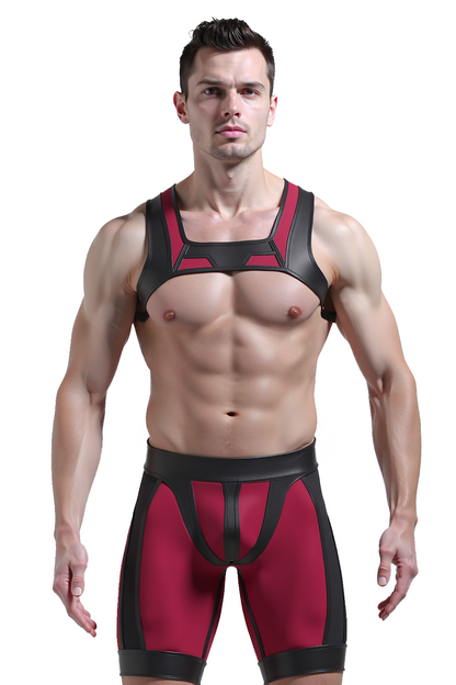 Joylgbt‘s Crimson Titan PV leather Circuit Set | Tactical Crop-Harness & Compression Shorts Duo