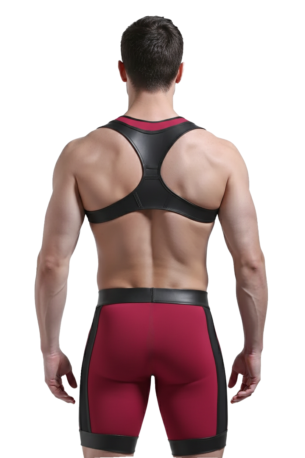 Joylgbt‘s Crimson Titan PV leather Circuit Set | Tactical Crop-Harness & Compression Shorts Duo