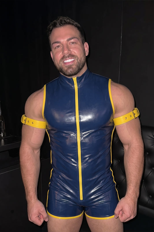 Joy-lgbt Men’s Blue Yellow Glossy High-Neck Bodysuit Shorts