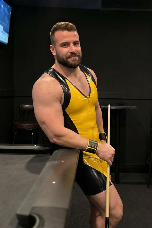 Joy-lgbt Men’s Yellow Black Glossy V-Neck Zip-Front Romper