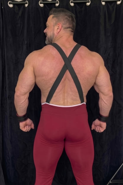 Joylgbt's Men's Christmas Burgundy Suspender Bodysuit – Deep U-Front Stretch Tights with Faux Leather Straps