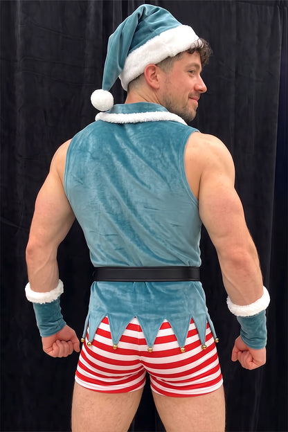 Joylgbt's Christmas Velvet Elf Costume with Striped Shorts and Furry Wrist Cuffs