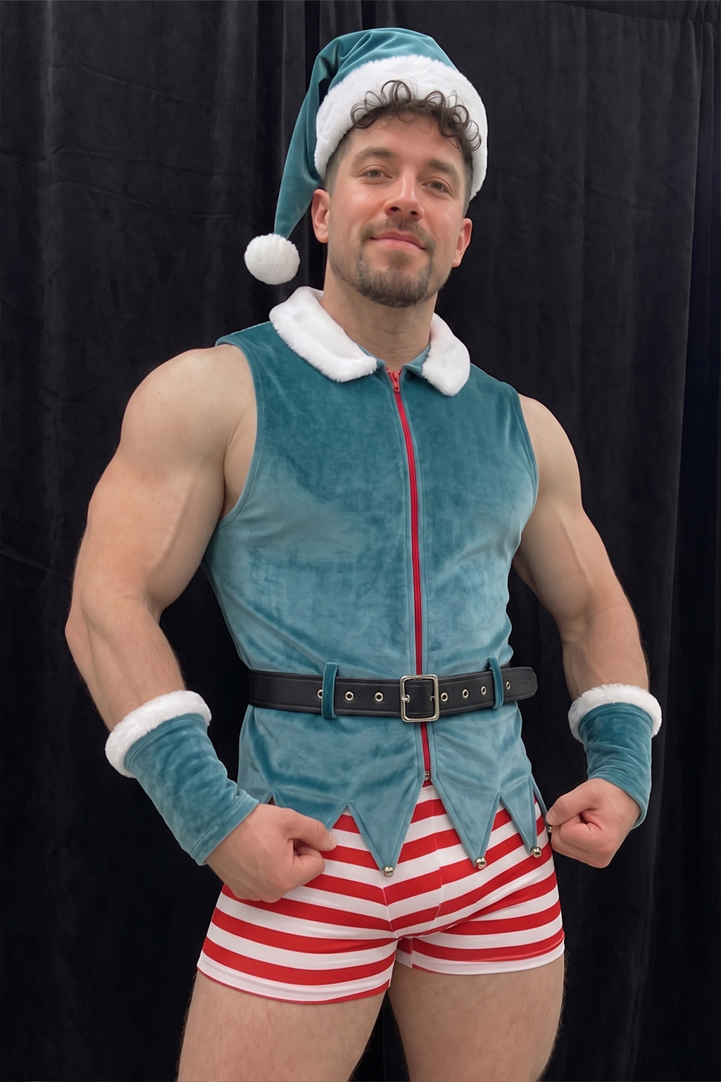 Joylgbt's Christmas Velvet Elf Costume with Striped Shorts and Furry Wrist Cuffs