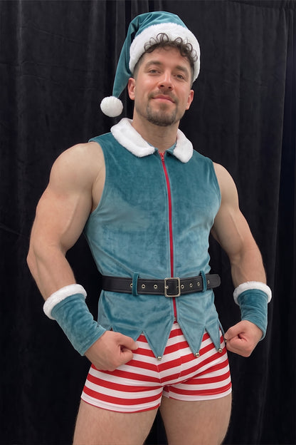 Joylgbt's Christmas Velvet Elf Costume with Striped Shorts and Furry Wrist Cuffs