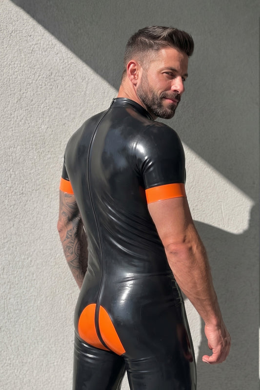 Men’s Black & Orange Paw Print Fetish Bodysuit – Shiny Faux Leather Puppy Play Suit