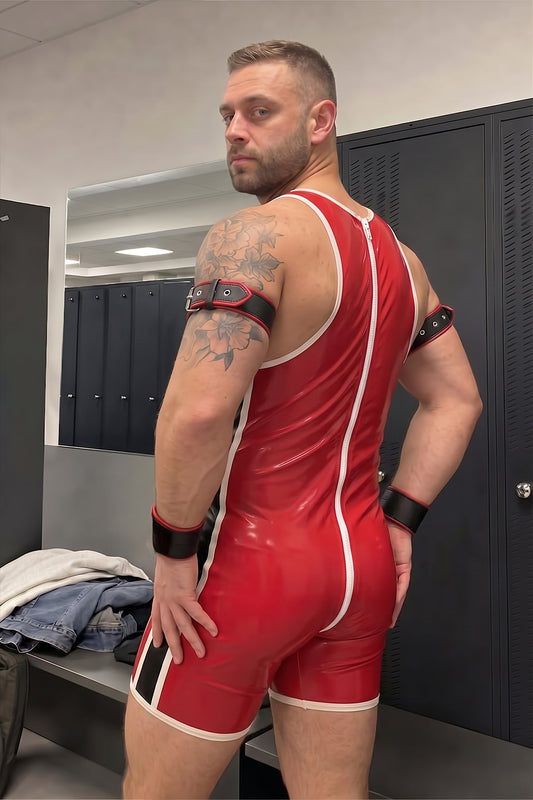Joy-lgbt Apex Gloss PVC Zip Singlet — Red & White
