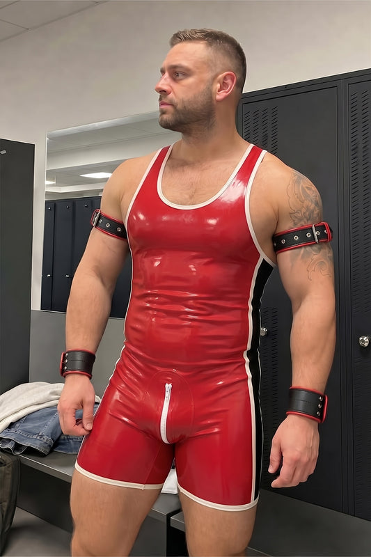 Joy-lgbt Apex Gloss PVC Zip Singlet — Red & White