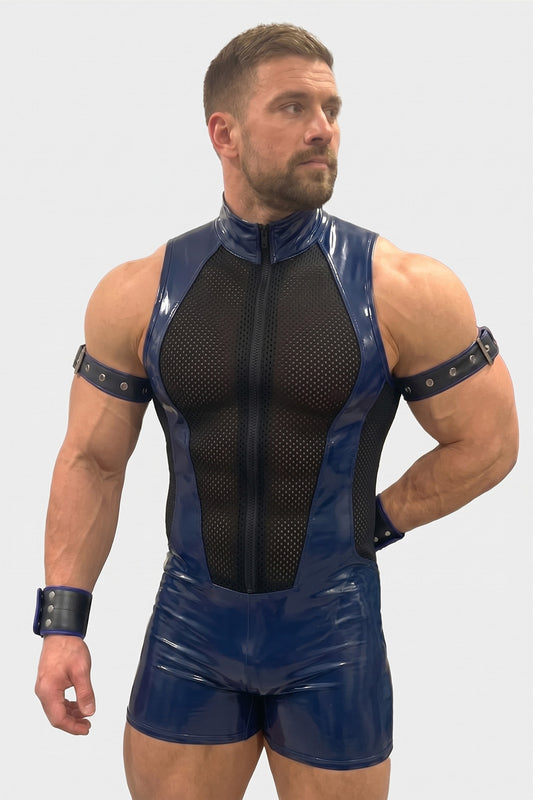 Joy-lgbt Cobalt Mesh-Panel Zip Romper — Blue & Black
