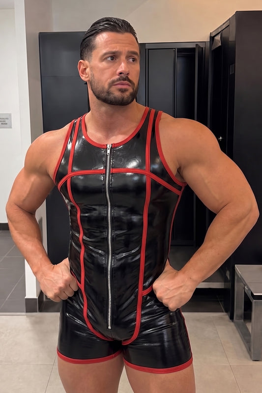 Joy-lgbt Varsity Red-Trim Zip Romper — Black & Red