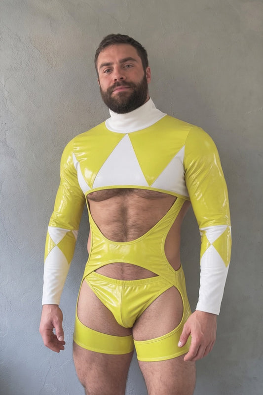 Joylgbt‘s  Men’s PU Leather Cutout Bodysuit – Red & White Geometric Long Sleeve Open Chest Design