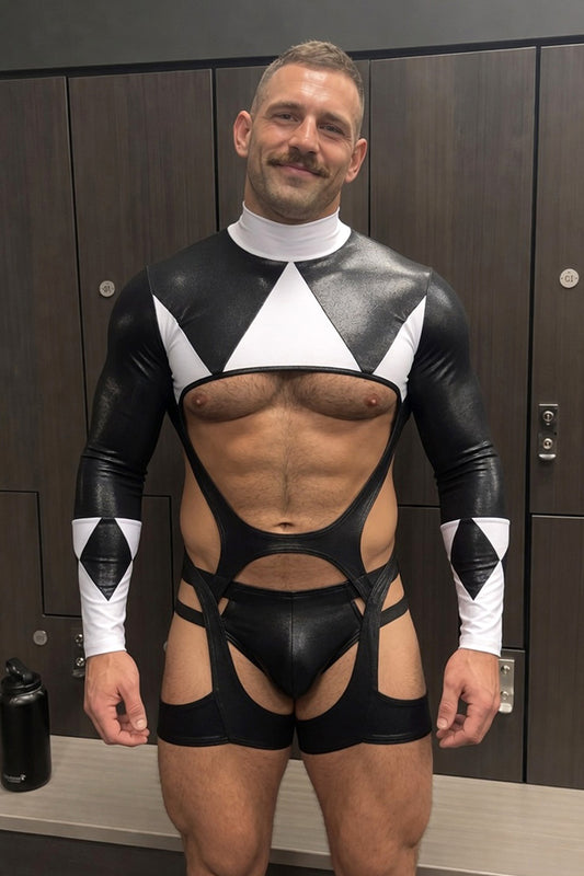 Geometric Cutout Faux Leather Bodysuit with Harness Belt – Black & White Triangle Design