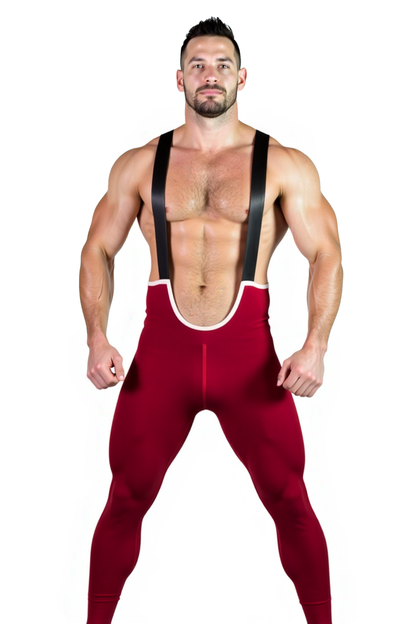 Joylgbt's Men's Christmas Burgundy Suspender Bodysuit – Deep U-Front Stretch Tights with Faux Leather Straps