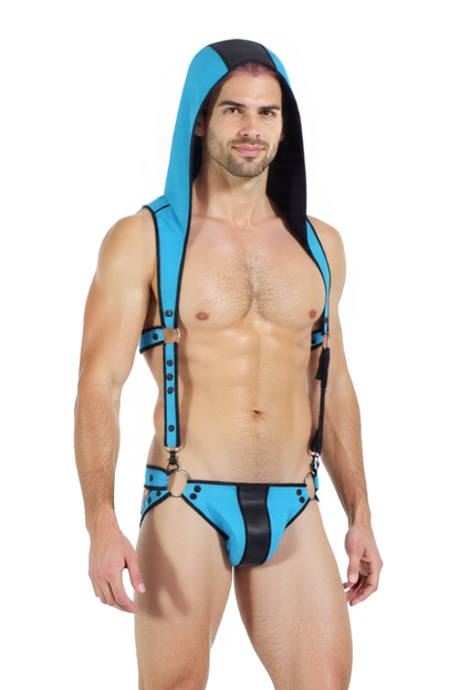 Joylgbt‘s Men's Faux Leather Harness Briefs Set with Hood