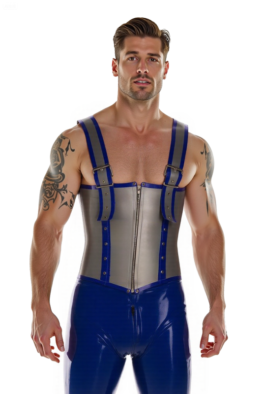 Men’s Blue & Silver Leather Corset Harness with Matching Shiny Tight Pants – Adjustable Buckle Straps & Zipper Front