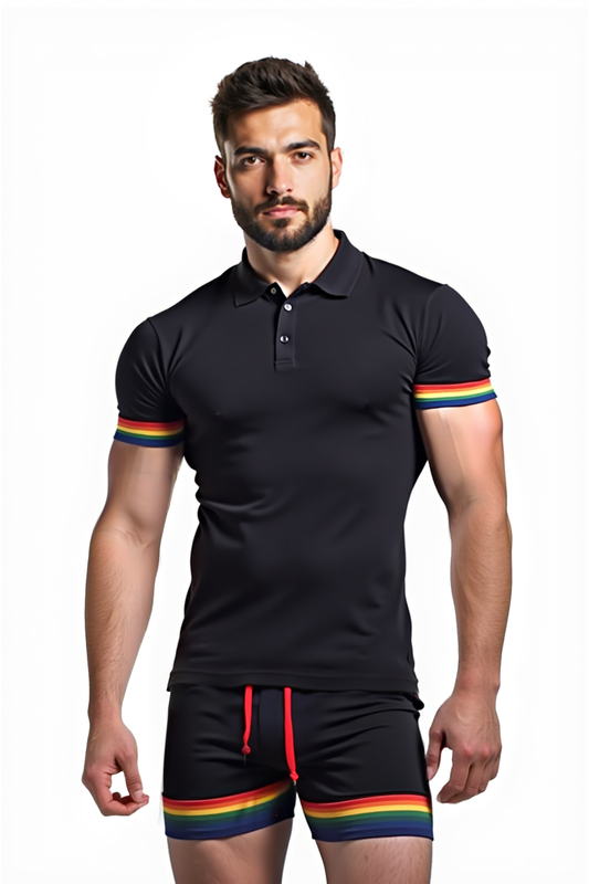 Sleek Black Polo & Shorts Set with Rainbow Accents