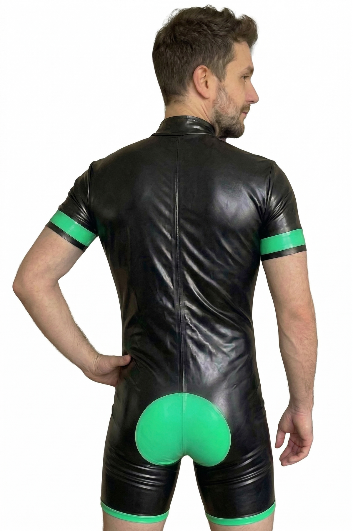 Joylgbt Men's Black & Neon Green PU Short Bodysuit