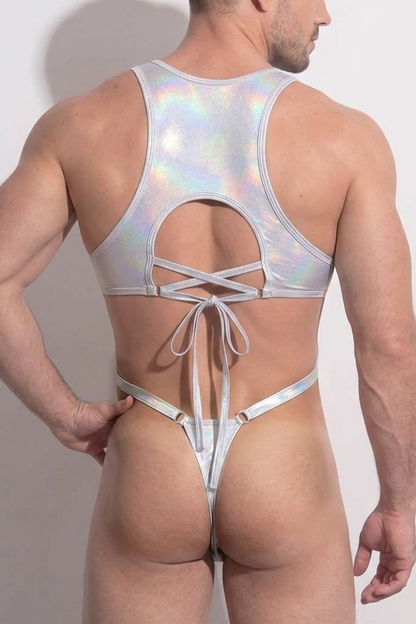 Joylgbt Men’s Silver Iridescent Stretch Fabric Cut-Out Bodysuit (Futuristic Party & Stage Style)