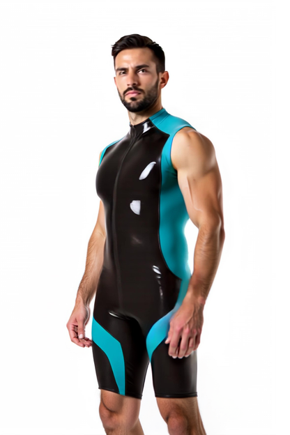 Joylgbt Black & Yellow Two-Tone Glossy Bodysuit – Zip-Front & Sleeveless Shorts