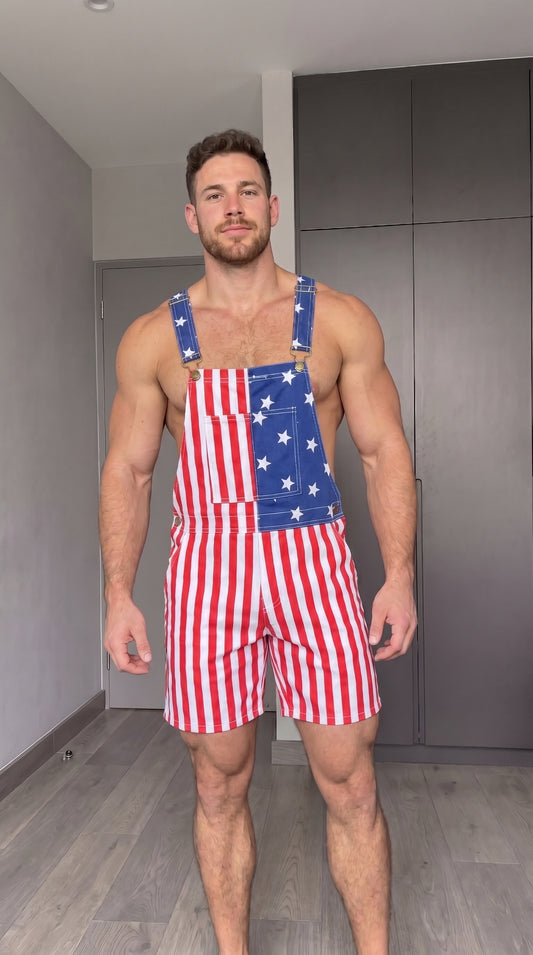 Joylgbt Men’s American Flag Print Short Bib Overalls Casual Party Performance Romper