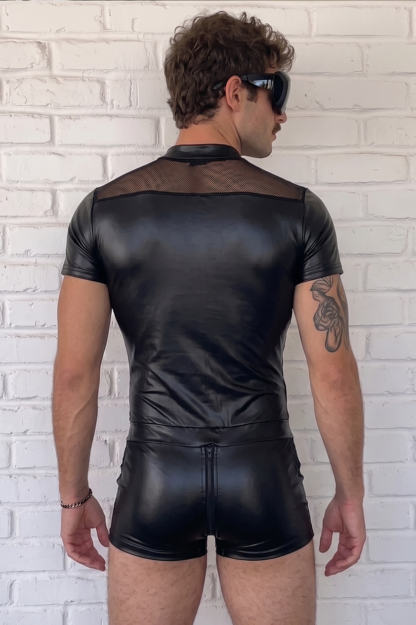 Joylgbt Men's Black Faux Leather and Sheer Mesh Zip-Up Bodysuit