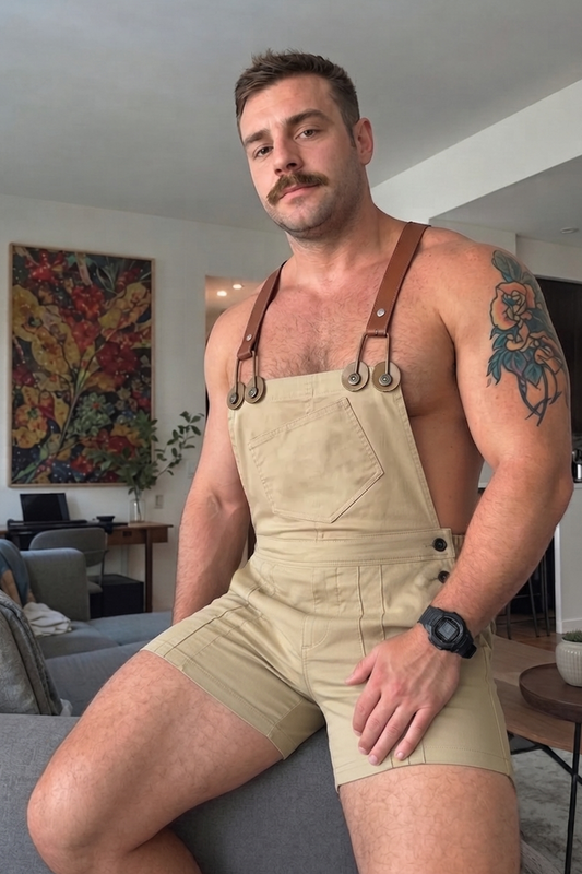Joylgbt Men's Khaki Utility Slim-Fit Bib Short Romper