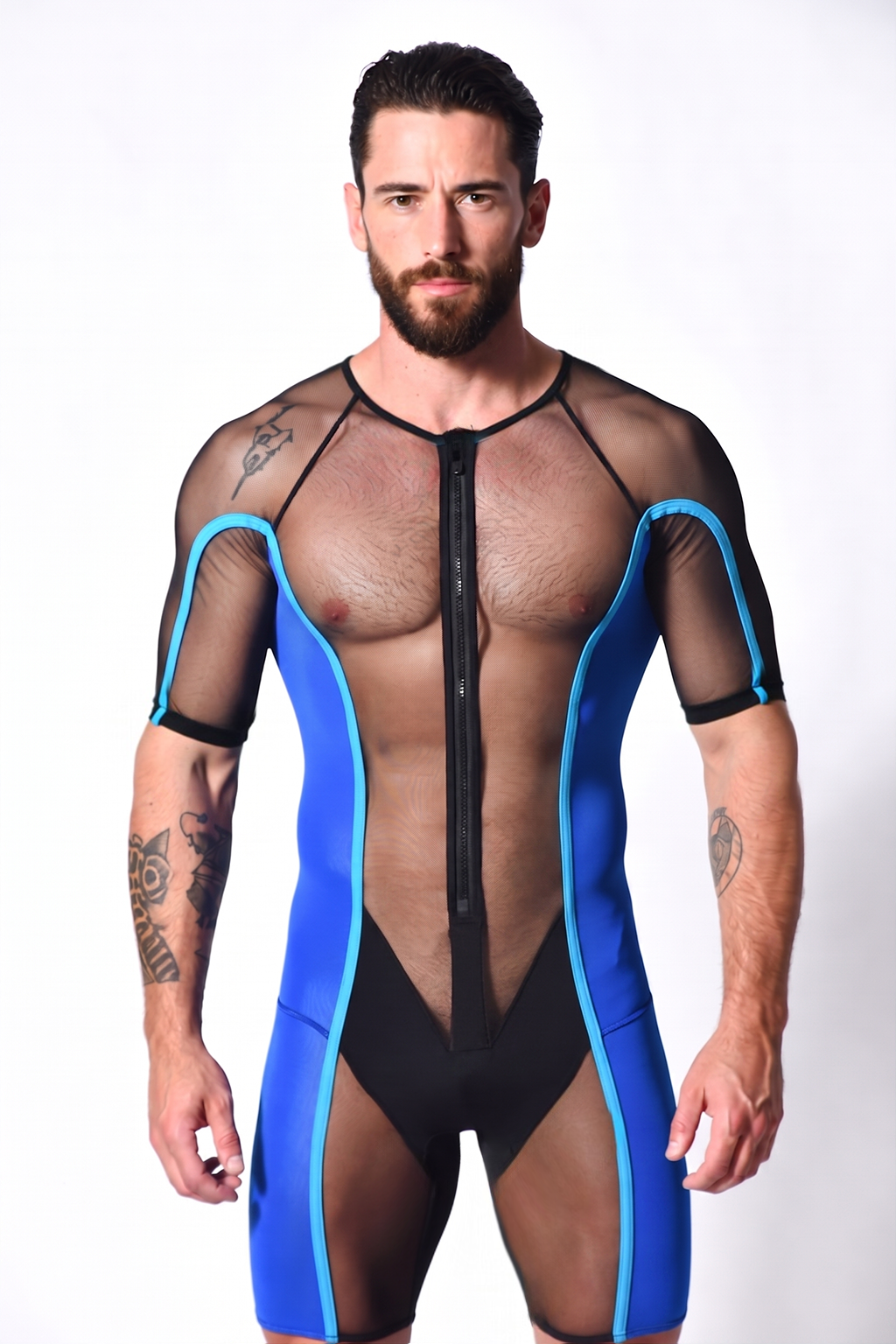 Joylgbt Blue/Black Contrast Mesh Zip-Up Bodysuit