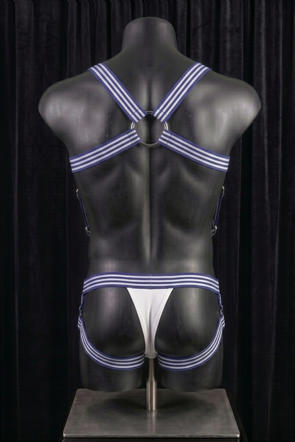 Joylgbt Men's Blue and White Striped Metal-Ring Elastic Harness Set
