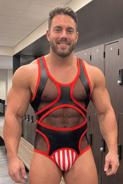 Joylgbt Men’s Black Red PU Faux Leather Mesh Panel Fitted Bodysuit Graphic Party Stagewear