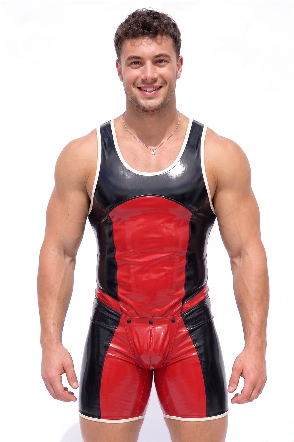 Joylgbt Men’s Black & Red Glossy Color-Block Singlet Bodysuit