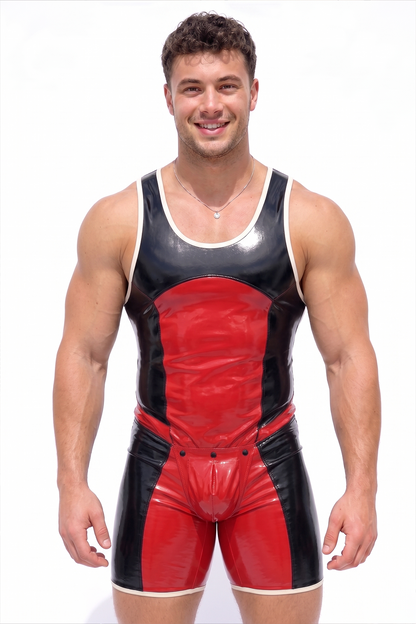 Joylgbt Men’s Black & Red Glossy Color-Block Singlet Bodysuit