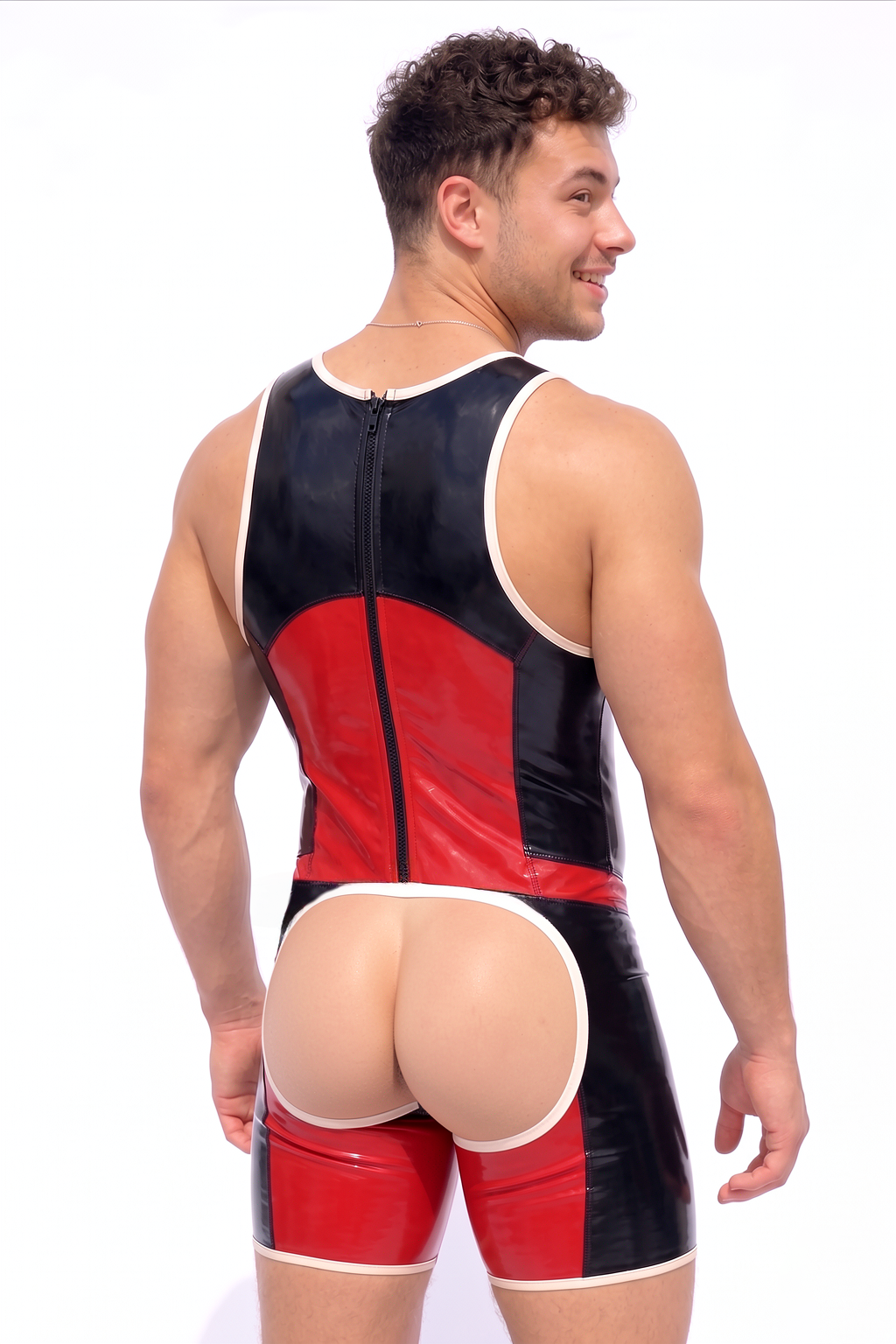 Joylgbt Men’s Black & Red Glossy Color-Block Singlet Bodysuit