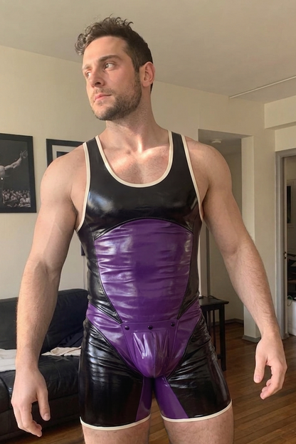 Joylgbt Men’s Black & Purple Glossy Color-Block Singlet Bodysuit
