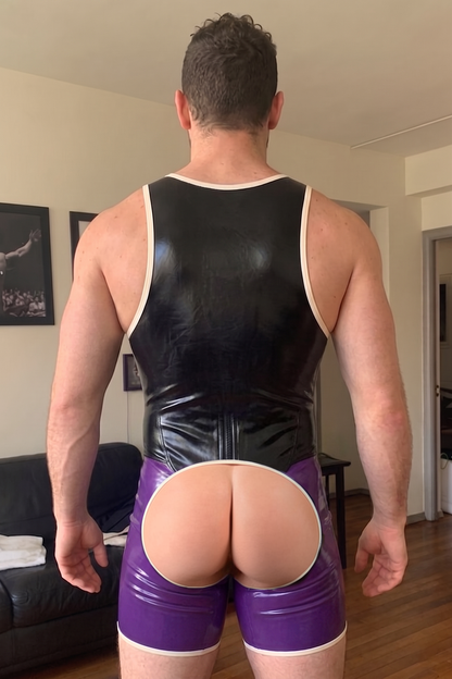 Joylgbt Men’s Black & Purple Glossy Color-Block Singlet Bodysuit