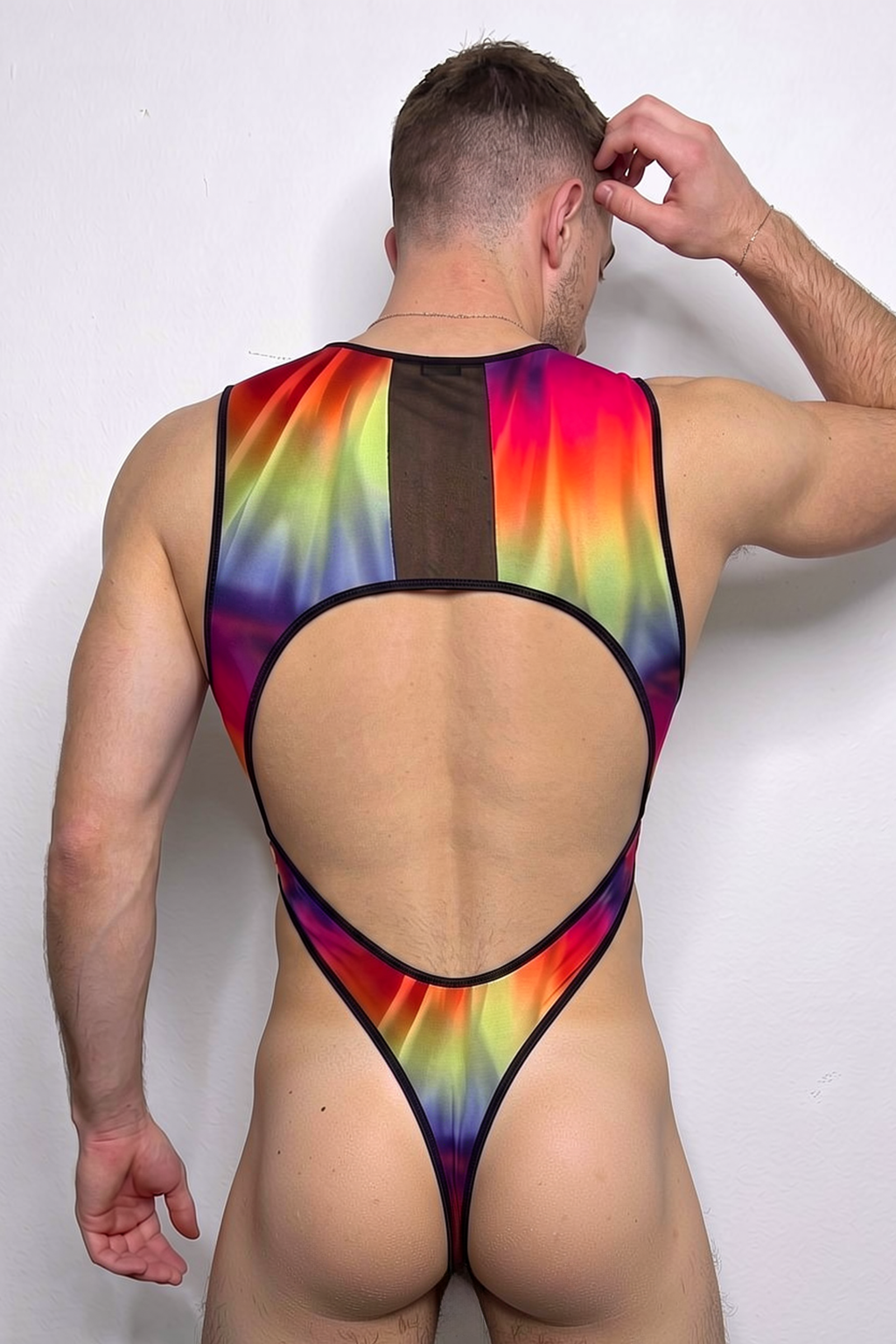 Joylgbt Men's Rainbow Gradient Cut-Out Metal-Ring Bodysuit Set