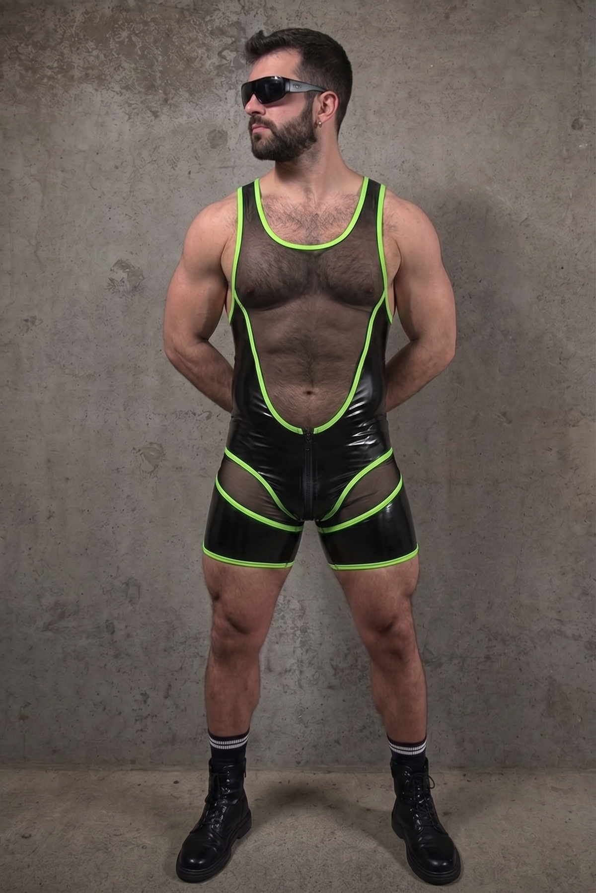 Joylgbt Men’s "Circuit-Mesh" Dual-Zip Bodysuit – High-Shine Black & Neon Yellow