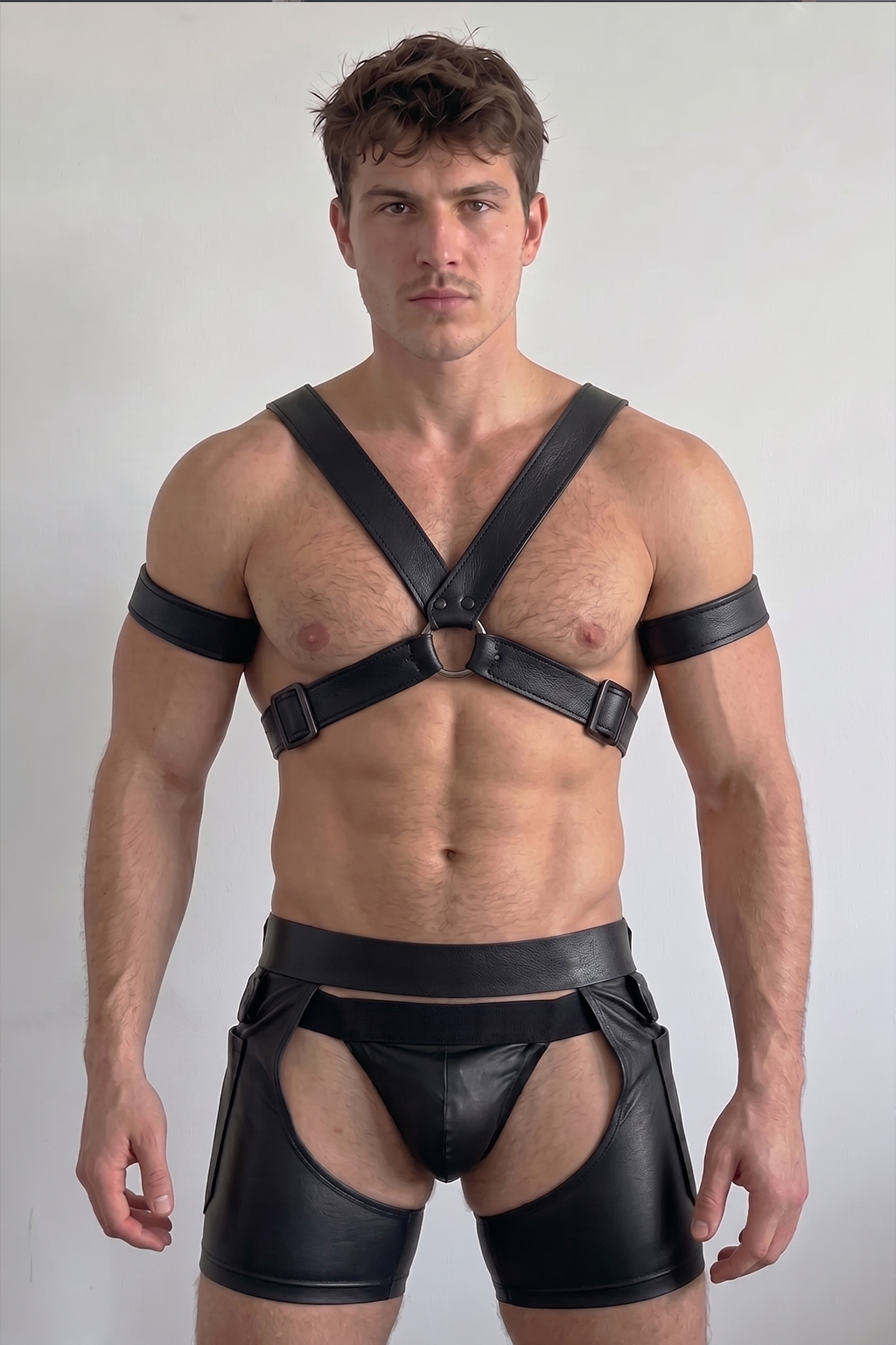 Joylgbt Men’s PU Leather  X Harness Shorts Set