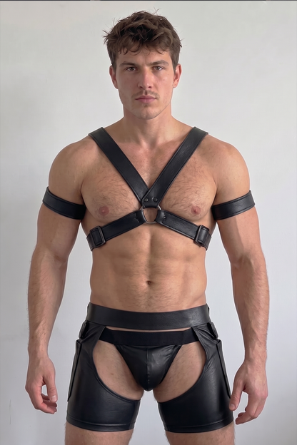 Joylgbt Men’s PU Leather  X Harness Shorts Set